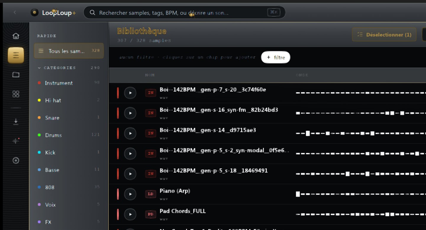 La bibliothèque de LoopLoup+ : 328 samples classés par catégorie, BPM et tonalité détectés.